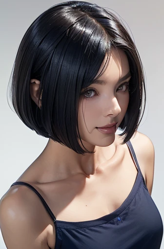 (masterpiece), (8k, best quality, high resolution), (ultra-detailed, realistic), (anatomically correct),  
((from above)), ((look up and see the viewer)), 
((face close-up)), (Standing), (No background),
(1woman),   
(A Japanese woman, 50 years old and 155cm tall.), 
((Create a detailed image of the eye)), 
(((Wear a navy blue tunic camisole))), ((A camisole without decoration.)),  
(black hair), (straight hair), (short hair style), (bob cut), 
((put hair over ear)), 
((There is a conspicuous mole on the chin)), 
((smile broadly)), 
(Her impression is pure, clean and kind.),
