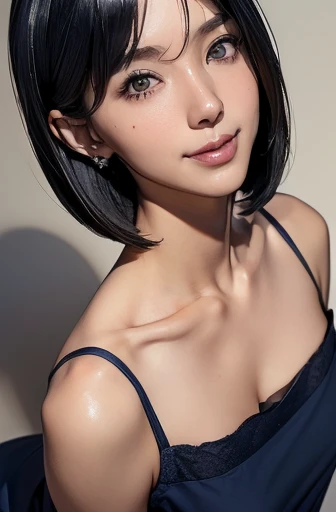 (masterpiece), (8k, best quality, high resolution), (ultra-detailed, realistic), (anatomically correct),
((from above)), ((look up and see the viewer)),
((face close-up)), (Standing), (No background),
(1woman),
(A Japanese woman, 30 years old and 155cm tall.),
((Create a detailed image of the right eye)),
(((Wear a navy blue tunic camisole))), ((A camisole without decoration.)),
(black hair), (straight hair), (short hair style), (bob cut),
((put hair over ear)),
((There is a mole on the left side of the mouth)),
((smile broadly)),
(Her impression is pure, clean and kind.),