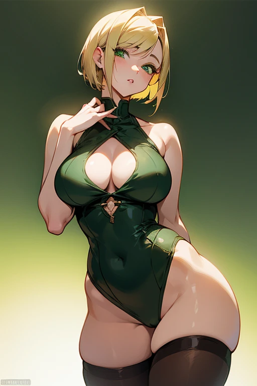 Beautiful anime blonde with green eyes and short hair. She has curvy hips and size 2 breasts. She's serious and cunning.