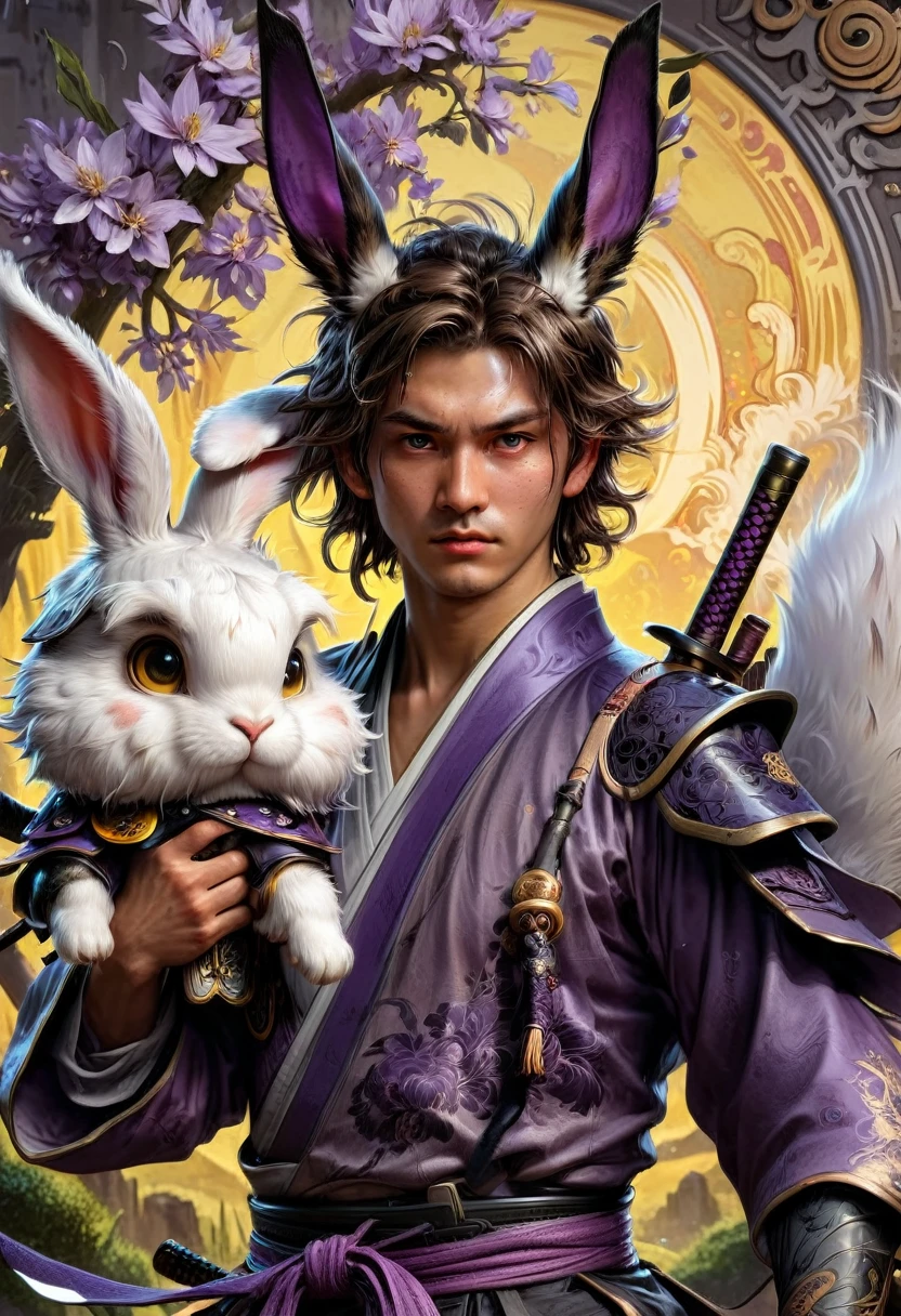 a cool boy with long fluffy rabbit ears, rabbit ears, Badass Samurai boy with rabbit ears intricate details, HDR, beautifully shot, hyperrealistic, sharp focus,  megapixels, perfect composition, high contrast, cinematic, atmospheric, moody 8k resolution concept art by Greg Rutkowski dynamic lighting hyperdetailed intricately detailed Splash art trending on Artstation triadic colors Unreal Engine 5 volumetric lighting Alphonse Mucha WLOP, a masterpiece, 8k resolution, dark fantasy concept art, by Greg Rutkowski, dynamic lighting, hyperdetailed, intricately detailed, Splash screen art, trending on Artstation, deep color, Unreal Engine, volumetric lighting, Alphonse Mucha, Jordan Grimmer, purple and yellow complementary colours