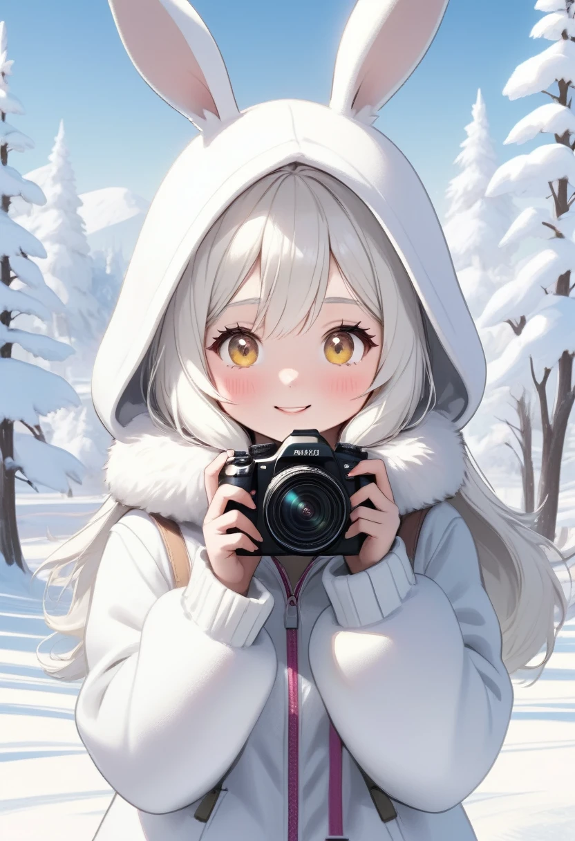 Cute white-haired girl wearing a white hooded fur coat with bunny ears, Close up of a happy and lively character standing on white snow taking photo of winter snow scene( Perfect anatomical structure ) Beautiful and extremely fine texture,detailed, bright, High-definition and high-quality animation style presentation