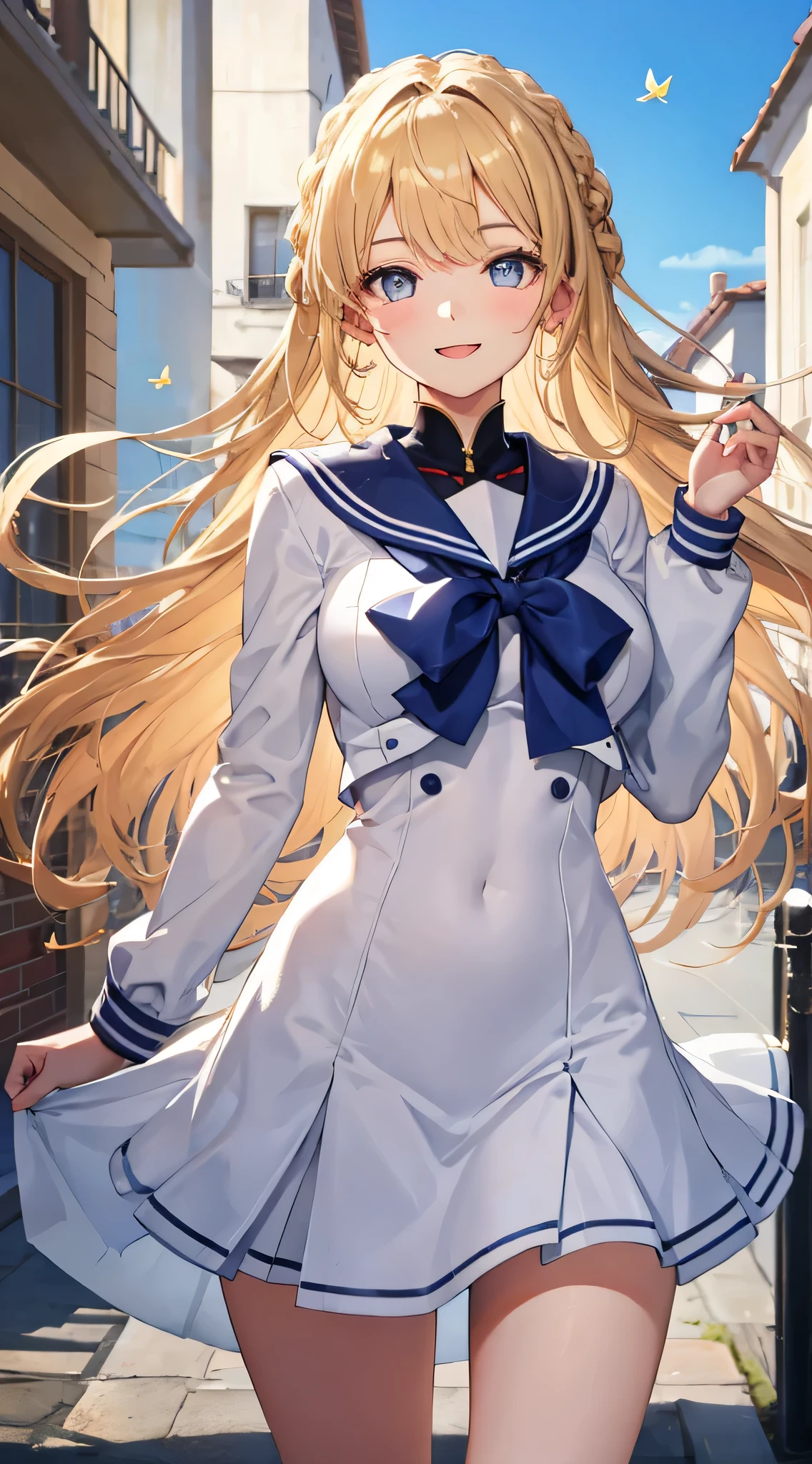 (highest quality, masterpiece),(One girl), Beautiful face with attention to detail, Long Hair, French Braid, Blonde Hair, Long Hair、Straight Hair、Fluttering in the wind、Red hairpin、smile、Grey Eyes, Beautiful, detailed eyes, Sparkling eyes,Drooping eyes、Cute face、(Medium sized breasts、Slender body)、serafuku、Sailor suit