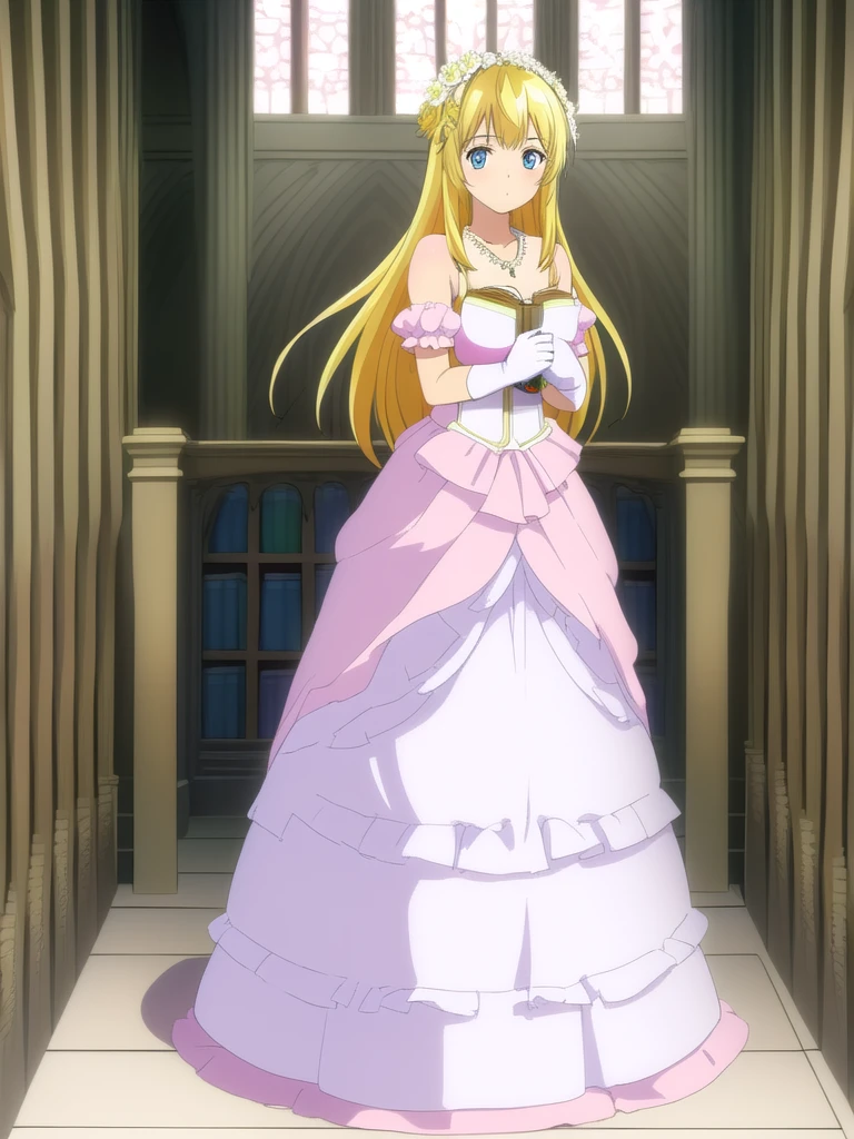 (((Best quality))),((Ultra-detailed)),((illustration)),((Disheveled hair)),((frilld)),(1 girl),(Solo), 1girl,book,bookshelf,collarbone,dress,elbow gloves,flower,gloves,indoors,jewelry,looking at viewer,medium breasts,necklace,long hair,solo,wedding dress,pink dress,full body, blonde hair,blue eyes,