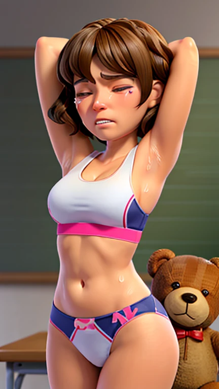 (((shot, solo woman, 1 woman))) Photo of a malay female with flat chest (((standing ))) in front of (classroom)20yo,, skinny, busty body, short body, faired skin, dimples, light, detailed face, embarrassed face, ((looking sad, closed eyes, crying)), (tears, clenching teeth), ((arms behind head))Perfect breasts, small breast, tiny breasts, flat breast, natural breasts, A cup, big hips, big ass, thick thighs, (((short wavy hair))), (((teddy bear motif sports bra, teddy bear motif cotton panties))), (sweat)