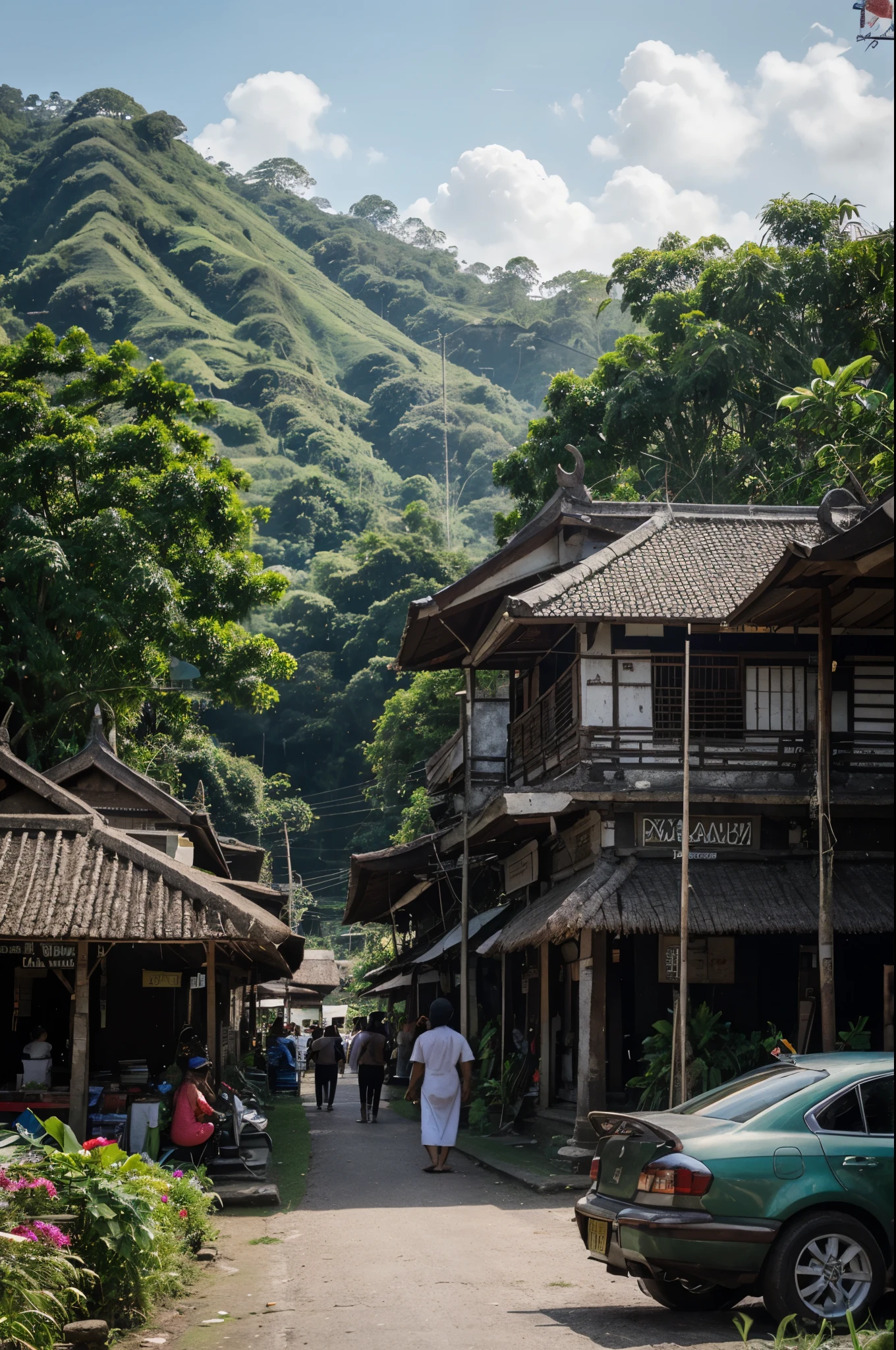clean photography, photography photo, landscape only, busy village, indonesian cars, market, aesthetic, landscape photo, no subject, bali indonesia, bali rainforest, hyper realistic, high resolution, extra details, quality uhd, photo realistic, high budget, clean tshirt, zoomed out, long-distance lens