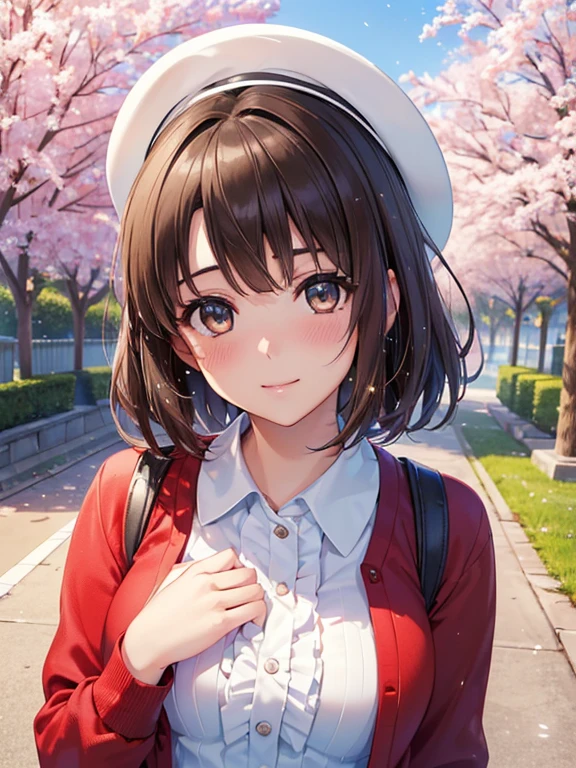 ((masterpiece, highest quality, High resolution, 超High resolution, Pixel perfect, Depth of written boundary, 4K, RTX, High resolution))), 

One girl, single, alone, Beautiful Anime Girls, Beautiful art style, Anime characters, 

((katou megumi、Shiny brown hair, short hair, Beautiful brown eyes、smile、Sparkling eyes, (Fine grain)、Ultra-detailed eyes、非常にDetailed face, Highly detailed eyes,)), ((, Beautiful eyelashes, Realistic eyes)), ((Detailed face, Blushing:1.2)), ((Smooth texture:0.75, Realistic texture:0.65, Realistic:1.1, Anime CG Style)), 

Medium , Dynamic Angle, Perfect body,  ((Portraiture)),
 ((masterpiece, highest quality, High resolution, Hmm,)),
 Red cardigan、White frilly mini dress、White Hat、
 
Outdoor、Cherry tree in full bloom、Coming down from the hill、beauty、Medium 、Glamour、19 years old、Beautiful Eyes、Embarrassed look、cute