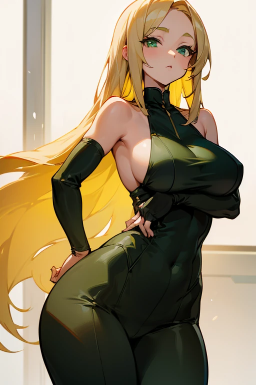 Beautiful anime blonde with green eyes and shoulder length hair. She has curvy hips and size 2 breasts. She&#39;s serious and cunning. Background blue. Nice clothes