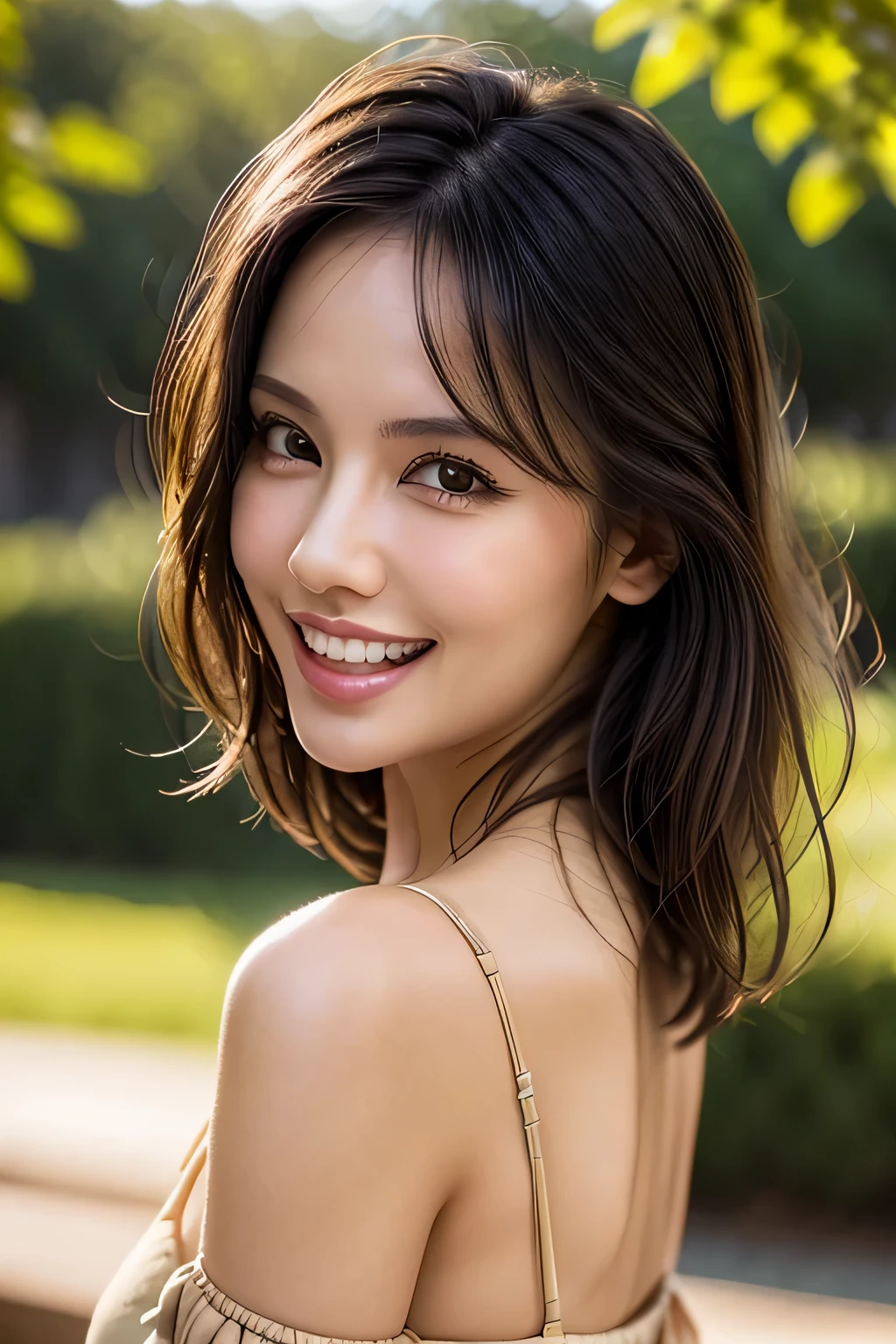 (8k, RAW Photos, highest quality, masterpiece, Realistic, Realistic), (1 female), (Ultimate beauty), Highly detailed face, (Perfect Teeth), Beautiful Eyes, double eyelid, eyelash, smile, Lip details, (Neat brunette bob), The light shines on your face, Big Breasts, ((Beige mini dress)), (front view), (background: none),  Background blur