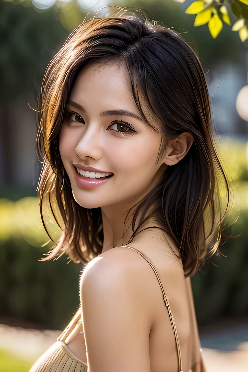 (8k, RAW Photos, highest quality, masterpiece, Realistic, Realistic), (1 female), (Ultimate beauty), Highly detailed face, (Perfect Teeth), Beautiful Eyes, double eyelid, eyelash, smile, Lip details, (Neat brunette bob), The light shines on your face, Big Breasts, ((Beige mini dress)), (front view), (background: none),  Background blur