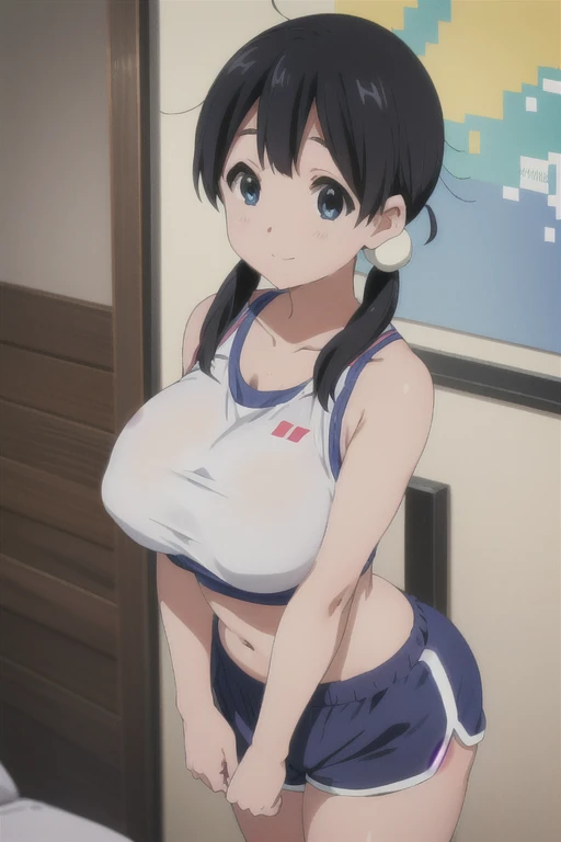 (((Pixel Perfect, Perfect in every detail))), alone, One Girl, tamako kitashirakawa, , View Audience, smile, (Huge breasts:1.5)、Sports bra、Shorts