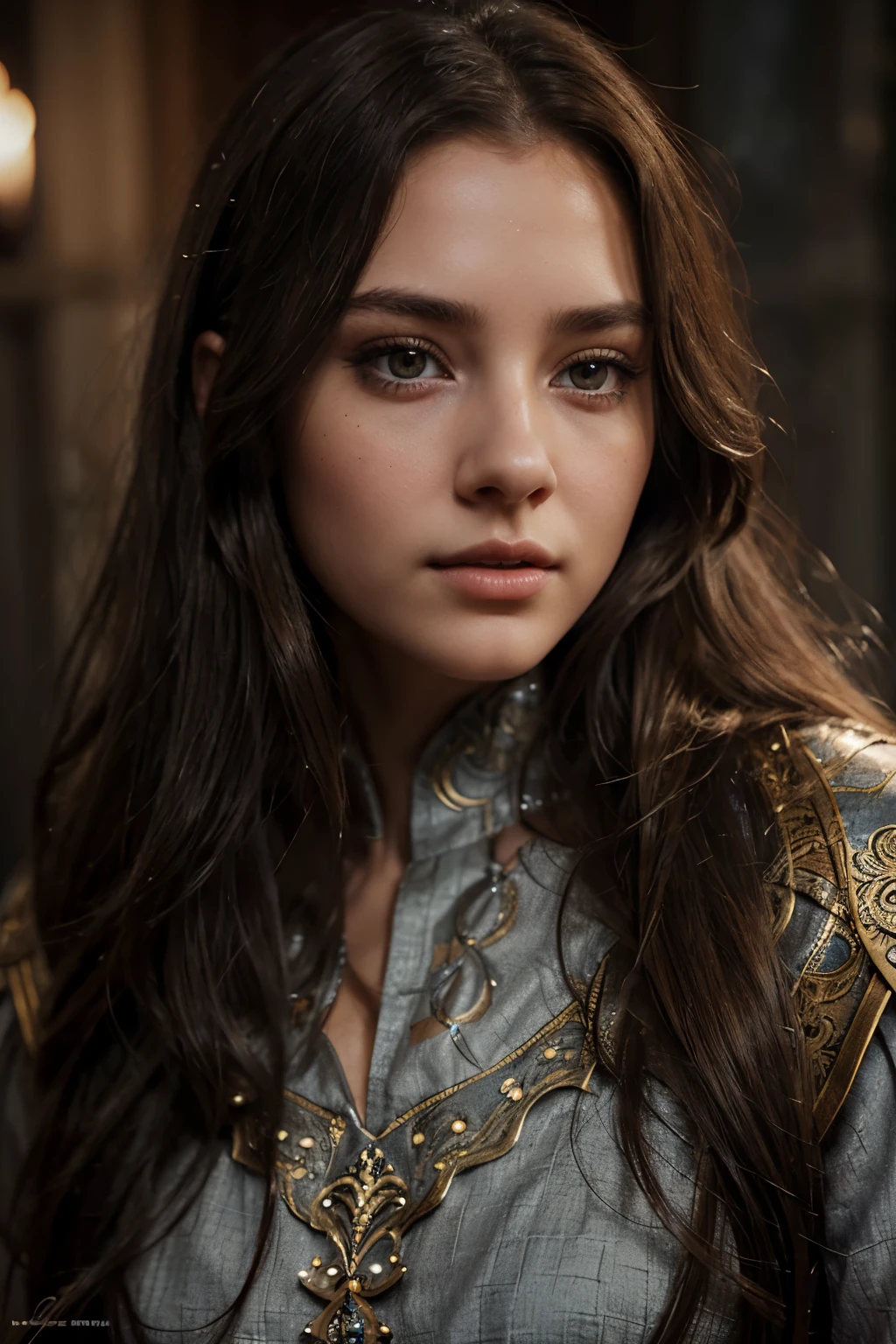 a young girl with long brown hair,grey eyes,beautiful detailed face,beautiful detailed eyes,beautiful detailed lips,extremely detailed eyes and face,longeyelashes,beautiful intricate dress,medieval fantasy,highly detailed,cinematic lighting,photorealistic,digital painting,warm color tones,dramatic lighting