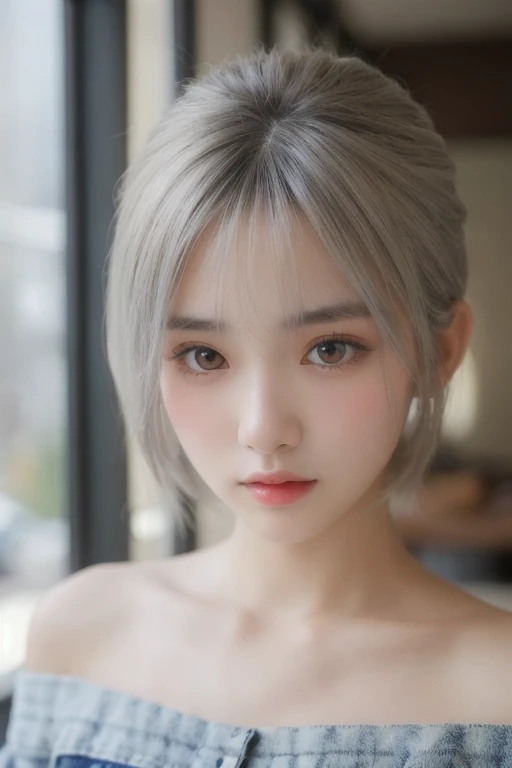 Best quality, ultra detailed, cowboy shot, nervous,stupefied,
1 girl, 19 years old, Bishojo,
cute, kawaii,
yellow sweater, off-shoulder, denim mini skirt, realistic face, beautiful skin,
silver hair, mannish short, skinny, japanese,grammar, clavicle,yellow eyes,nervous,stupefied,