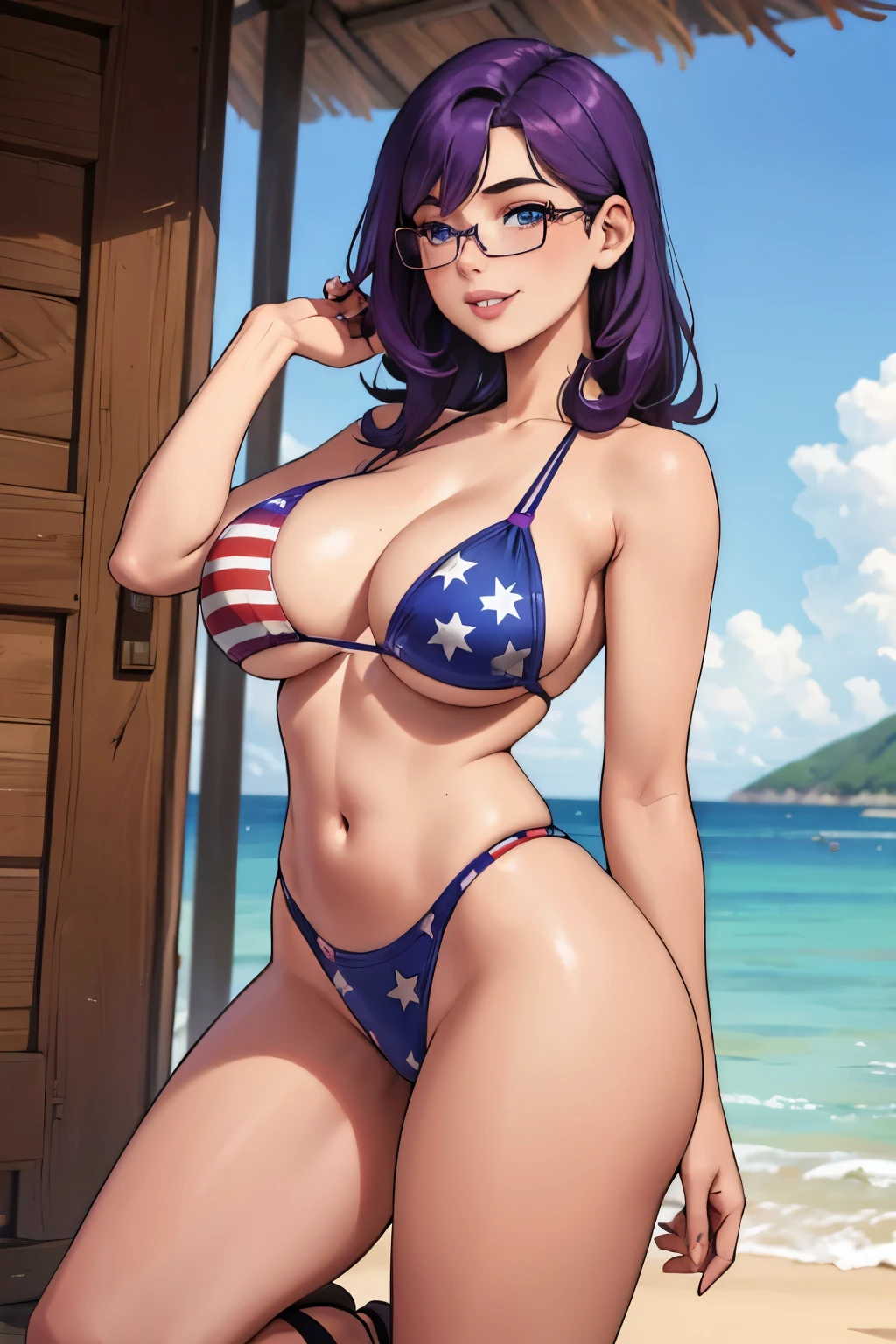 Beautiful young ager, 1girl, purple hair, blue eyes, freckles on face, happy, smiling, thin frame eyeglasses, thick lips, full lips, huge breasts, extreme cleavage, deep cleavage, very thin body, American flag pattern bikini, high heel sandals, beach hut background, fighter jets, perfect anatomy, ultra-detailed, 4k, 8k, best quality, masterpiece, model, modeling, posing for camera, detailed background