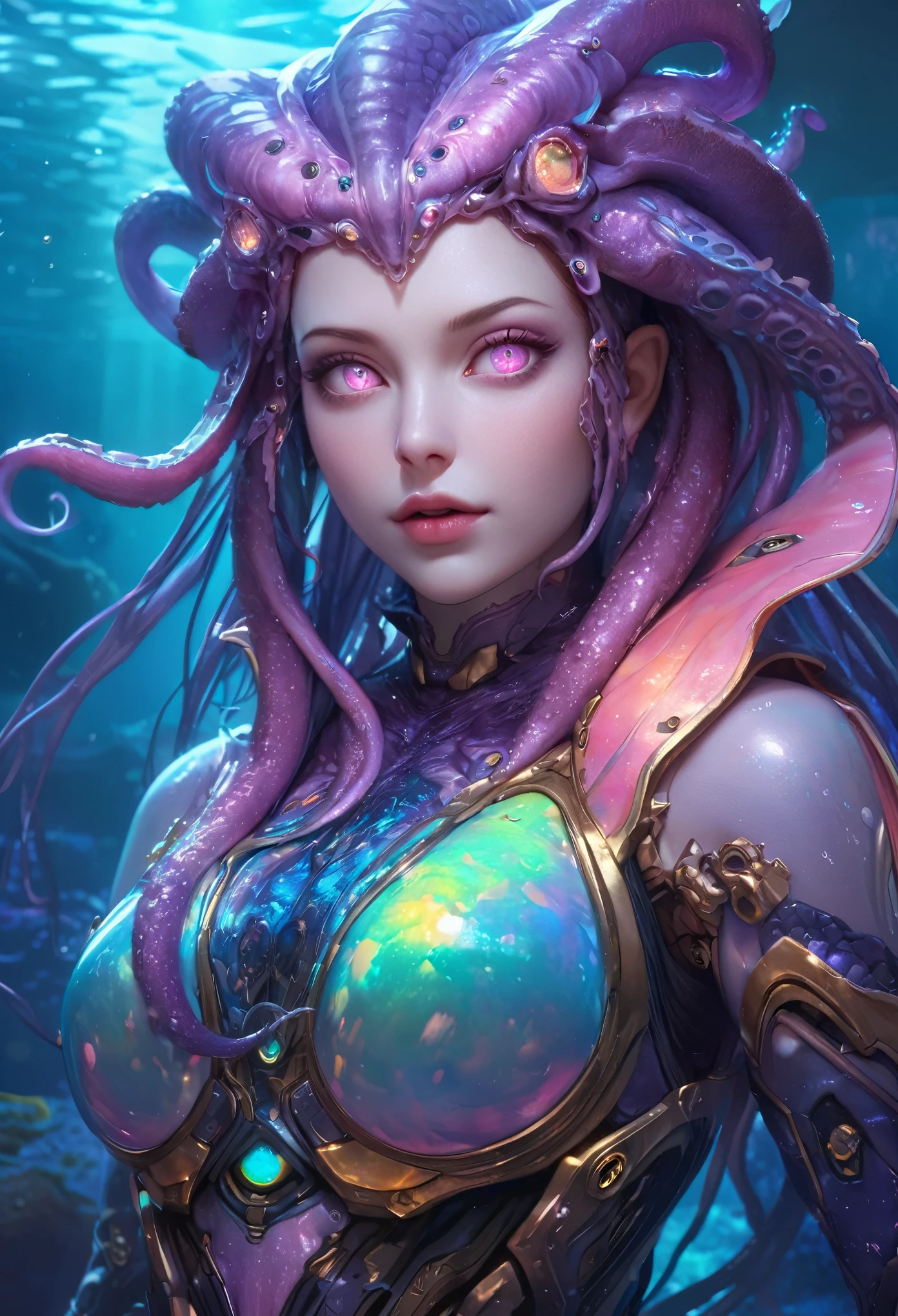 (best quality,4k,highres,masterpiece:1.2),ultra-detailed,(realistic,photorealistic:1.37), (1 beautiful medusa-like female alien who is 18yo:1.8), underwater, vibrant colors, bioluminescence, surreal, grotesque, beautiful detailed eyes, detailed lips, slimy skin, tentacles, intricate patterns, extraordinary creature, unique anatomy, ocean environment, dark abyss, mystifying, mysterious, haunting, eerie, fantasy, hybrid beauty, ethereal, enchanting lighting, With mesmerizing iridescent glowing markings adorning its body, the intricacies of its tentacle parts highlight the rich colors and beautiful soft light. The vast open waters serve as a vivid backdrop, allowing the octopus to soak in every detail, showcasing its Absurd and complex shapes in unparalleled quality. (realistic, hyper-realistic:1.5), thick eyeblows, (superdetailed beautiful opal eyes:1.8), smiling seductively, (no make-up:1.7), (Exoskeleton with beautiful nautilus design:1.8), pale and white skin with visible veins, beautiful nipples, facee paint with nautilus design,