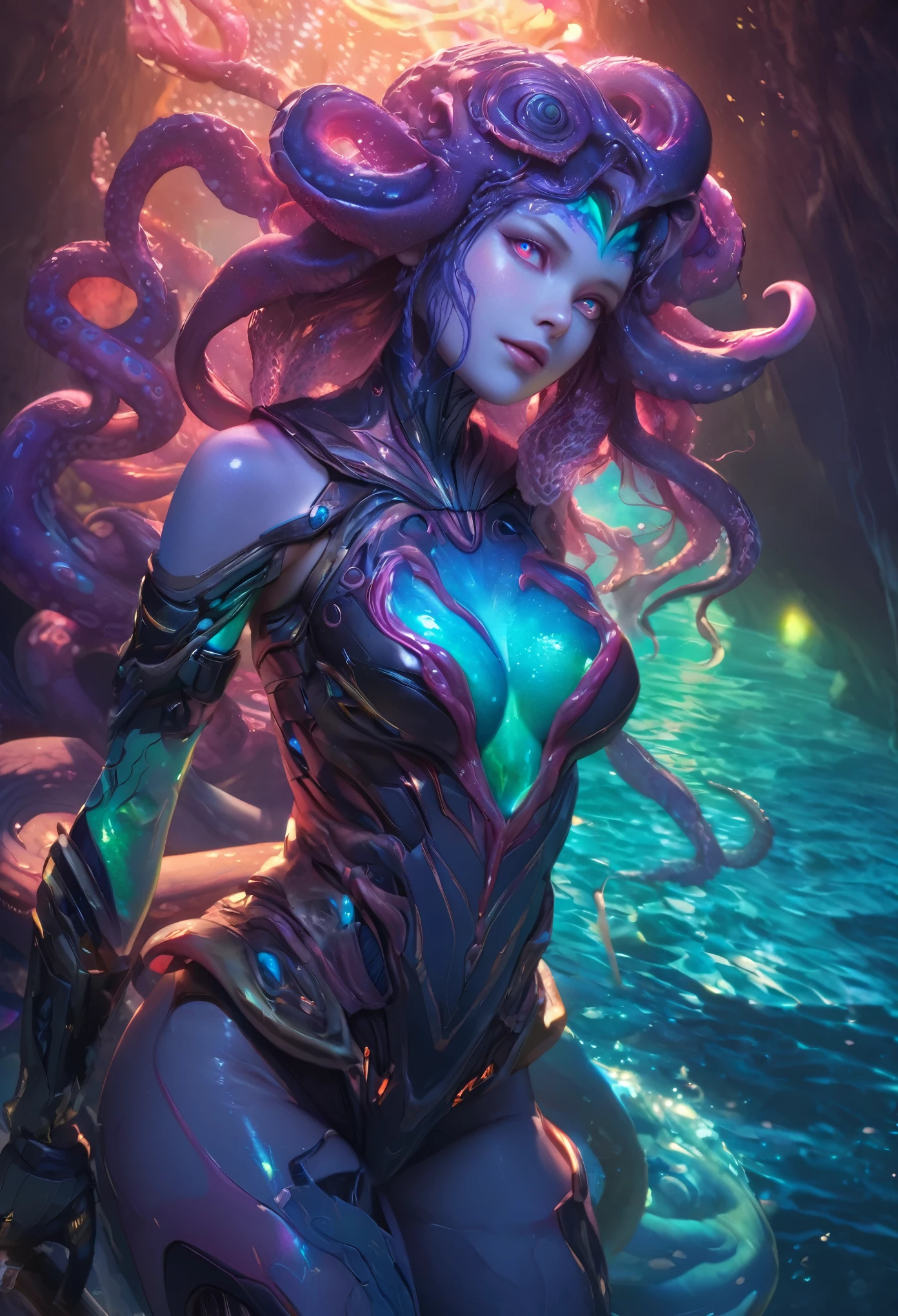 (best quality,4k,highres,masterpiece:1.2),ultra-detailed,(realistic,photorealistic:1.37), (1 beautiful medusa-like female alien who is 18yo:1.8), underwater, vibrant colors, bioluminescence, surreal, grotesque, beautiful detailed eyes, detailed lips, slimy skin, tentacles, intricate patterns, extraordinary creature, unique anatomy, ocean environment, dark abyss, mystifying, mysterious, haunting, eerie, fantasy, hybrid beauty, ethereal, enchanting lighting, With mesmerizing iridescent glowing markings adorning its body, the intricacies of its tentacle parts highlight the rich colors and beautiful soft light. The vast open waters serve as a vivid backdrop, allowing the octopus to soak in every detail, showcasing its Absurd and complex shapes in unparalleled quality. (realistic, hyper-realistic:1.5), thick eyeblows, (superdetailed beautiful opal eyes:1.8), smiling seductively, (no make-up:1.7), (Exoskeleton with beautiful nautilus design:1.8), pale and white skin with visible veins, beautiful nipples, facee paint with nautilus design,