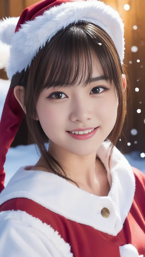 1baby fece girl, (Ultra young japanese girl, santa claus clothes, slim fit), incredibly cute, Ultra short hair,Ultra Big smile, Ultra beautiful Cute detailed eyes, beautiful detailed lips, extremely detailed face, long eyelashes, innocent, artless, natural makeup, best quality, 4k, 8k, highres, masterpiece, ultra-detailed, realistic, photorealistic, photo-realistic, professional, vivid colors, studio lighting,Snowing Town