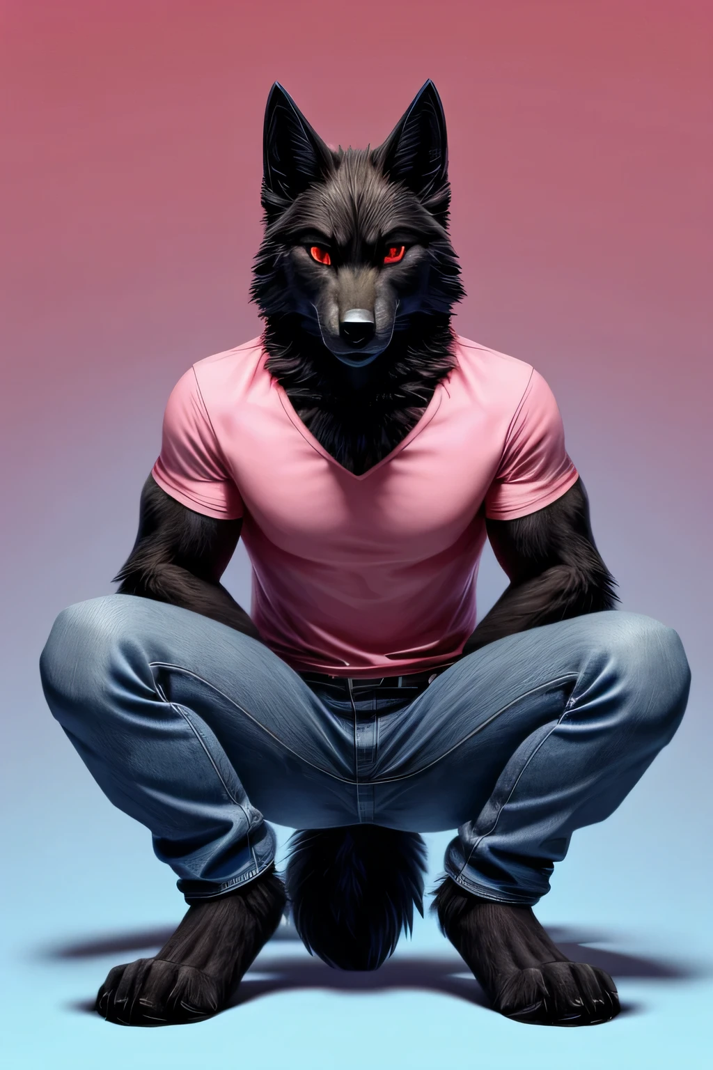 Squat pose legs open male black wolf furry blue background red eyes look front jeans and pink shirts