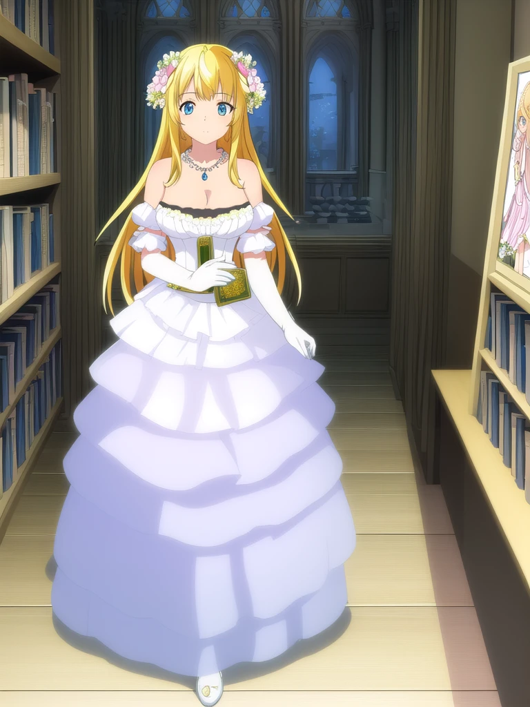 (((Best quality))),((Ultra-detailed)),((illustration)),((Disheveled hair)),((frilld)),(1 girl),(Solo), 1girl,book,bookshelf,collarbone,dress,elbow gloves,flower,gloves,indoors,jewelry,looking at viewer,medium breasts,necklace,long hair,solo,wedding dress,pink dress,full body, blonde hair,blue eyes,