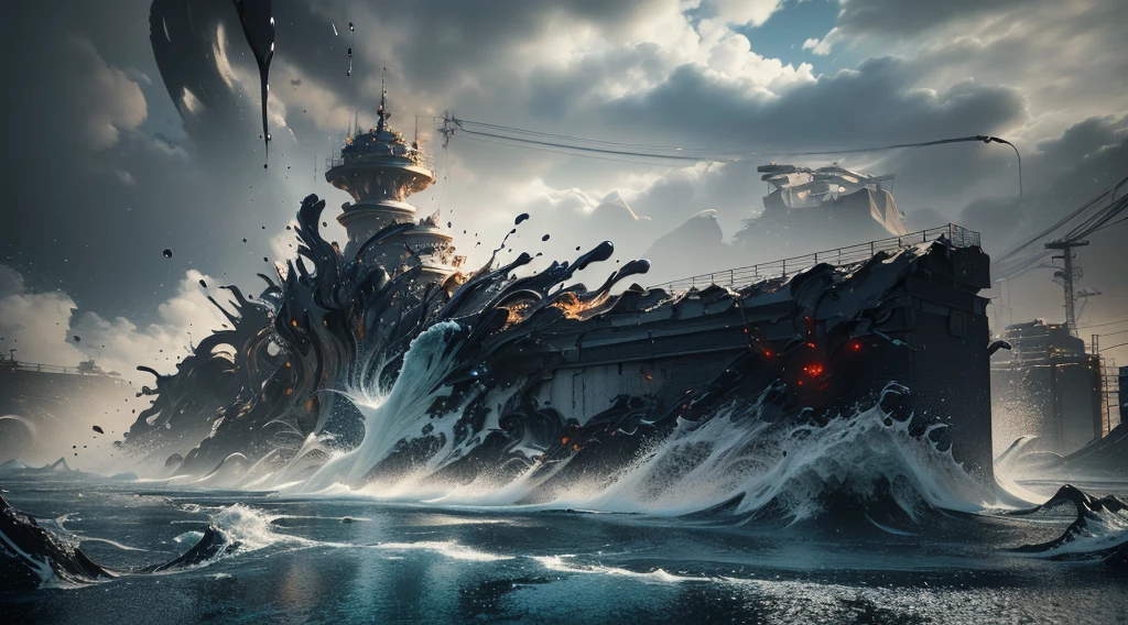 There is a very large red object in the middle of a dark background, 3 d Fluid simulation render, chaotic swirling ferrofluids, rendered in houdini, houdini Fluid simulation, Epic 3D Abstract Model, Fluid simulation in houdini, Fluid simulation, rendered in maya and houdini, rendered, black Fluid simulation, intricate artwork. Octane render