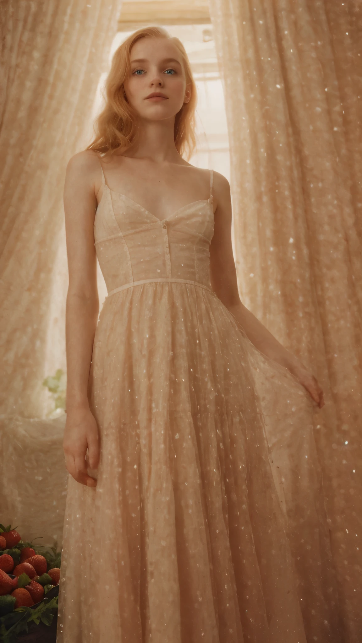 19 year old girl (Irish), (swiss), (Czech),  pale skin,strawberry blonde hair, beauty, beautiful girl, thin, skinny, small breasts, wearing, a ethereal dress, standing next in an avant garde hotel, vintage film, (dreamy atmosphere), bright vivid colors, portrait, from below shot
