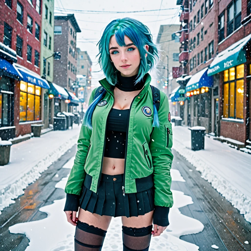best quality,ultra high res,1girl,solo,full body,snow,city,, blue hair,green eyes,jk, fuck