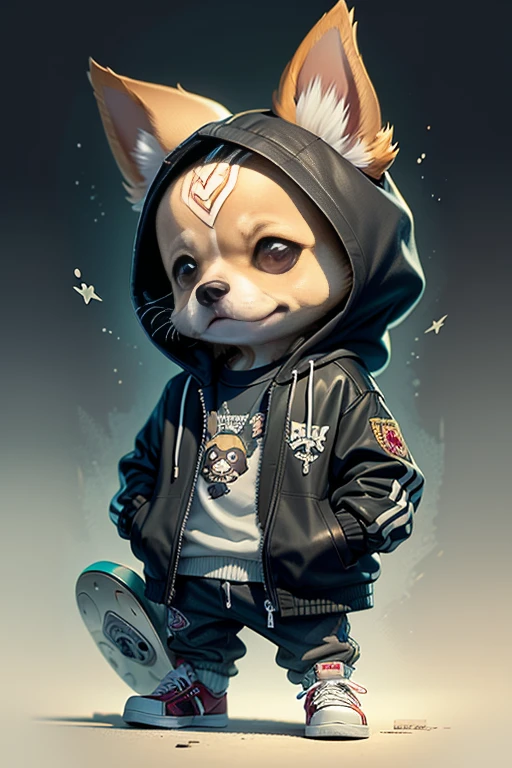 C4tt4stic, Cartoon Chihuahua Dog Dog in Jacket and Skateboard(Body hair is black、The specifics of the appearance of the chihuahua