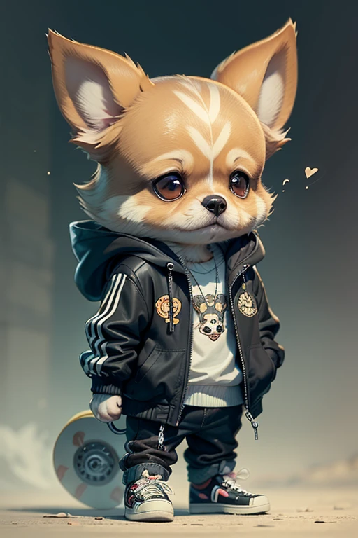 C4tt4stic, Cartoon Chihuahua Dog Dog in Jacket and Skateboard(Body hair is black、The specifics of the appearance of the chihuahua