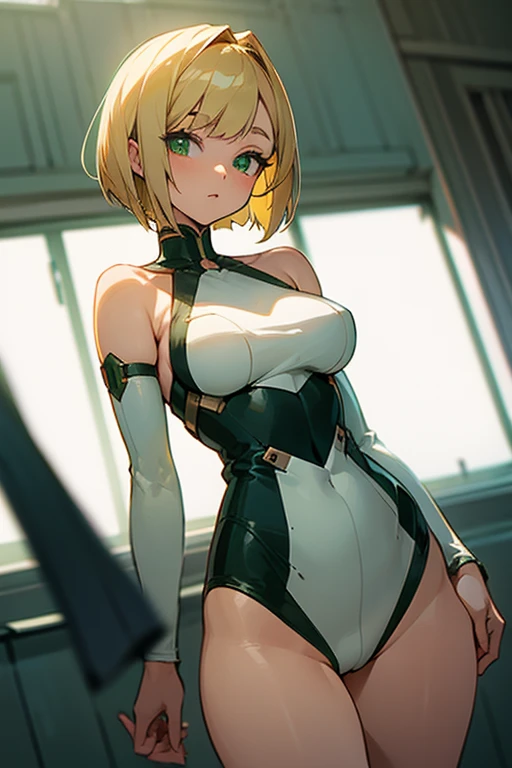 Beautiful anime blonde with green eyes and short shoulder length hair. She has curvy hips and . She&#39;s serious and cunning. Background blue. Nice clothes. depraved