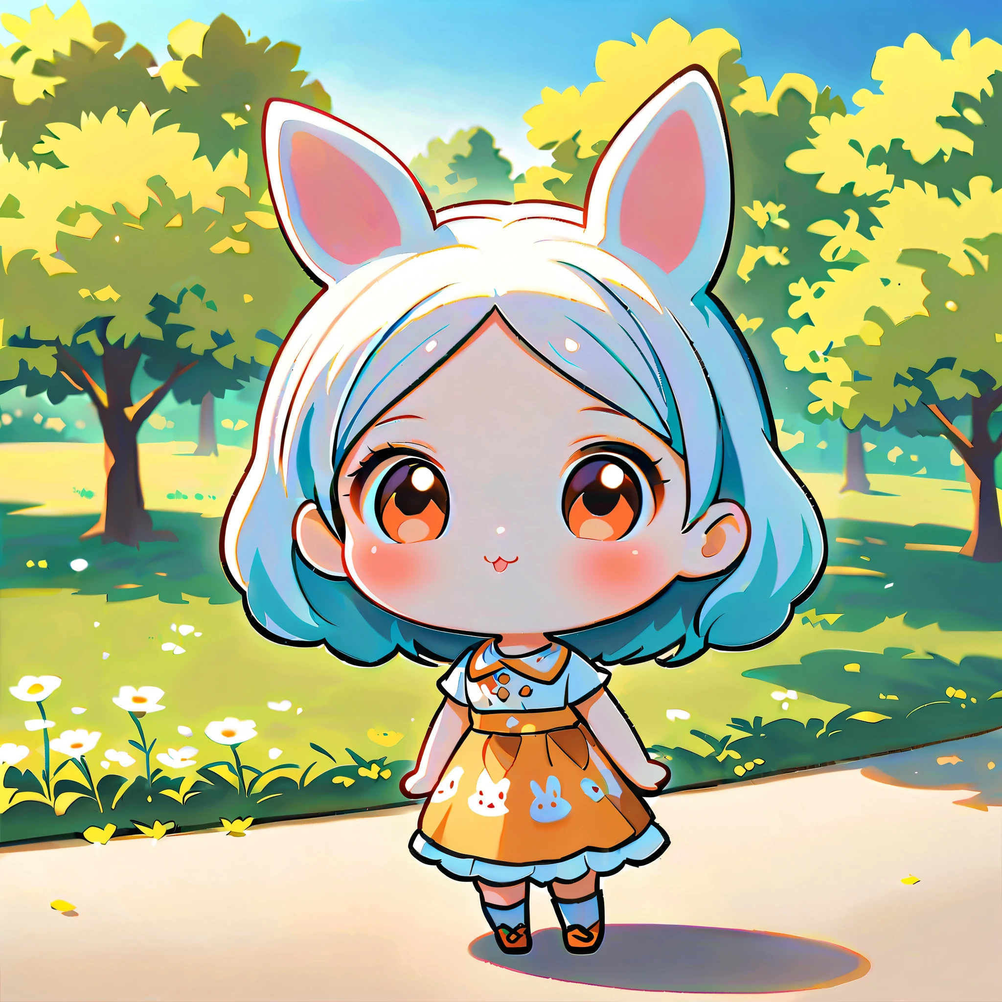 Rabbit-like person, Cute bunny woman, Solitary, small, deformation, 2 heads, Full body view, Focus on the ears, Forest and spring background, Hand drawn illustrations.