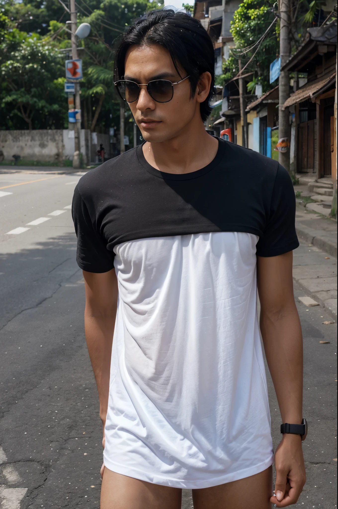 man with black hair, blue tshirt, in bali, indonesia, in village, standing in middle of road, orange strap watch, thin white sunglasses, hyper realistic, detailed skin, high resolution, extra details, quality uhd, tanned skin, sharp jawline, detailed face, photo realistic, high budget , two arms, five fingers