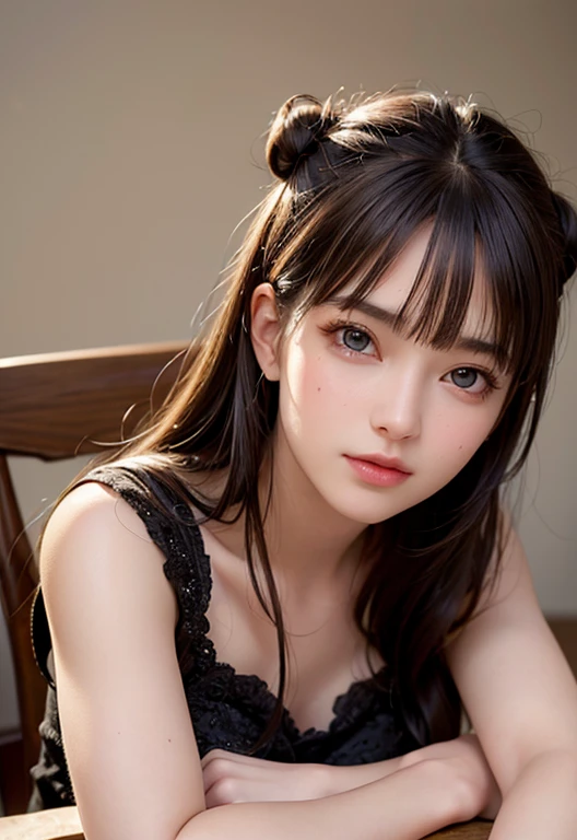 8K,best quality, masterpiece, Ultra-high resolution, (Reality:1.4), RAW photos, (Realistic skin texture:1.3), (Film Grain:1.3), (Selfie Angle),1 Girl, A bun hairstyle, brown hair, sit, Chair, boring, Chin on hand, Beautiful and detailed eyes and face,masterpiece, best quality,close up,Upper body,