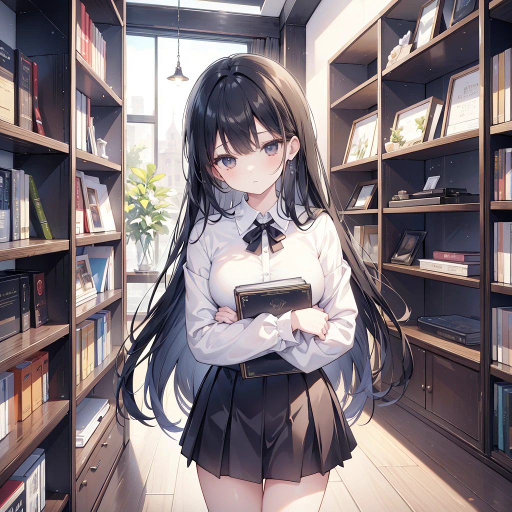 1girl, long black hair and black eyes, wearing plain white shirt and a black pleated skirt, hug a book with both hand, surrounded by bookshelves in a vintage library, 8k, looking at viewer