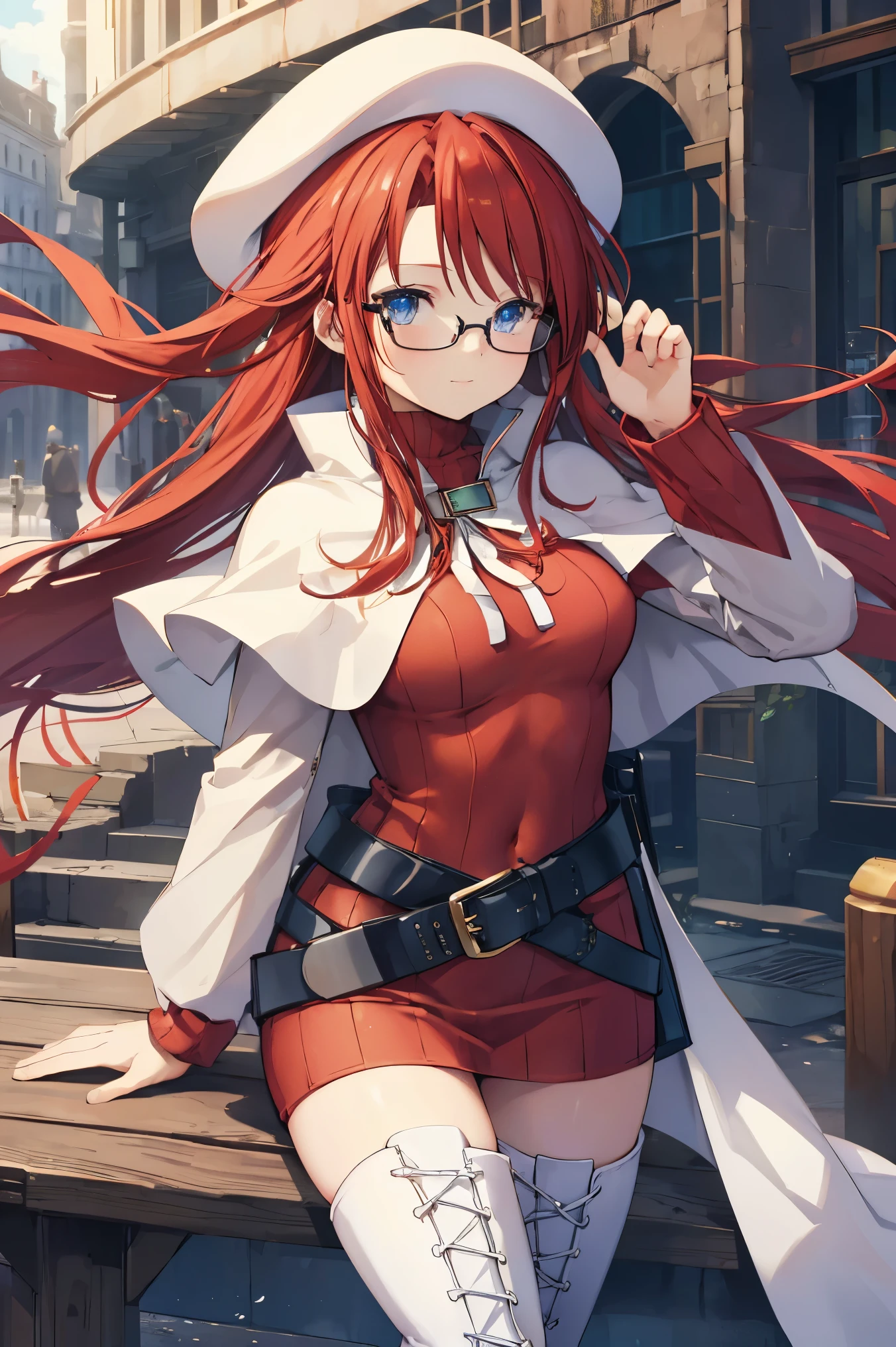 summuponnightaty, aty, (young:1.3),lupong hair, blue eye, red hair, large_beret, hat, glasses,
break lupong hair, Knee socks, hat, dress, boots, glasses, belt, cape, sweater, zettai ryouiki, beret, thigh boots, white footwear, ribbed sweater, loose belt,alone,
break outdoors, fantasy,upon_cobblestupone
,,Highquality_hads,perfection_refer to,
break (masterpiece:1.2), best quality, high resolutiupon, unity 8k wallpaper, (illustratiupon:0.8), (beautiful detailed eye:1.6), extremely detailed face, perfection lighting, extremely detailed CG, (perfection hands, perfection anatomy),covered_Nipples,covered_navel ,half_eye:,lupong_sword,armpit,sleepy,dynamic_Finding_Pause,barrel,red_sweater,apart_kneesagical_effect,spread_feet, have_a_Book,teacher,rise_knees,smile,rise_hand,look_Down_Audience