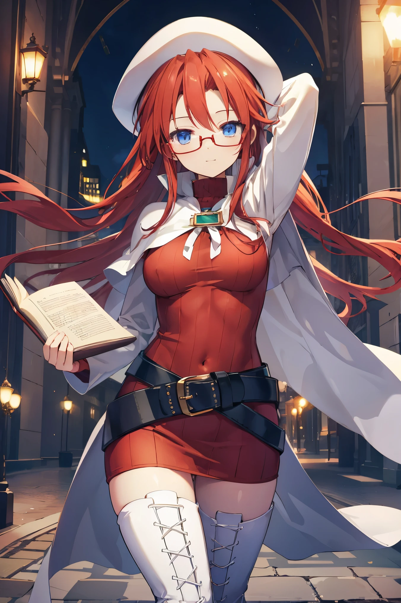 pov,nsfw,summonnightaty, aty, (young:1.3),long hair, blue eyes, red hair, beret, hat, glasses,
BREAK long hair, thighhighs, hat, dress, boots, glasses, belt, cape, sweater, zettai ryouiki, beret, thigh boots, white footwear, ribbed sweater, loose belt,solo,
BREAK outdoors, fantasy,on_a_ship,
BREAK (masterpiece:1.2), best quality, high resolution, unity 8k wallpaper, (illustration:0.8), (beautiful detailed eyes:1.6), extremely detailed face, perfect lighting, extremely detailed CG, (perfect hands, perfect anatomy),covered_nipples,covered_navel,light_smile ,(half_eyes:1.4),sword,armpit,sleepy,dynamic_standing,barrel,red_sweater,apart_legs,magical_effect,focus_breasts,