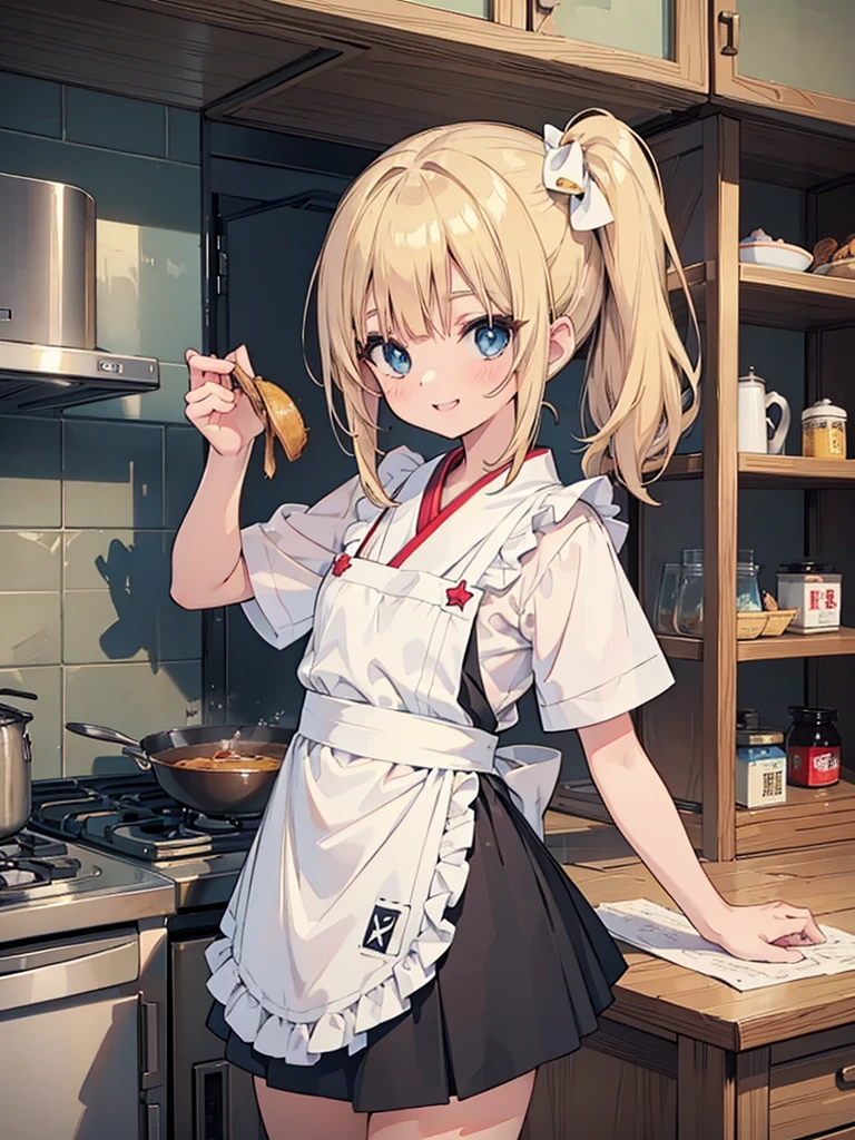 (Japanese style comic anime, nostalgic, monochrome, side ponytail, blond hair, ultra detailed, cooking story),
Break,
anime, full color. 1 girl, miniskirt, , frilled apron, jumping, blue eyes, droopy eyes, big eyes:1.5, laughing smile, red blush, medium bob, blonde hair, long hair, shiny wavy hair, , baby face, twinkle in the eye, small breasts, braided bangs,