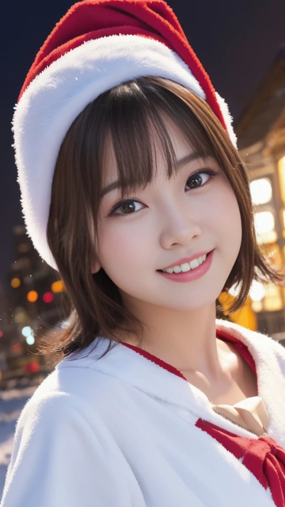1girl, (santa claus costume slim fit:1.5), symmetry,(beautiful cute ultra young girl:2.0), (slender woman body:1.5), (ultra short hair:1.75), ultra big smile, (Beautiful large round droped detailed eyes:1.5), beautiful detailed lips, (extremely detailed beautiful face, natural makeup, Incredibly beautiful skin:2.0), (best quality,4k,8k,highres,masterpiece:2.0),(ultra-detailed,realistic,photorealistic,photo-realistic:1.75),professional,vivid colors,studio lighting,(snowing night town,christmas eve:1.25)