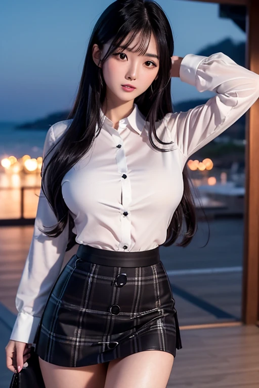 Black Hair　Long Hair　Japanese women　Well-groomed　Tartan Skirt　A white blouse with all the buttons fastened　Slender body　ＦCup boobs　Pitiful　clear　glossy　gracefulness　Mature face　Facing forward and blushing　breast enhancement　Sandy Beach　coastal　Night view