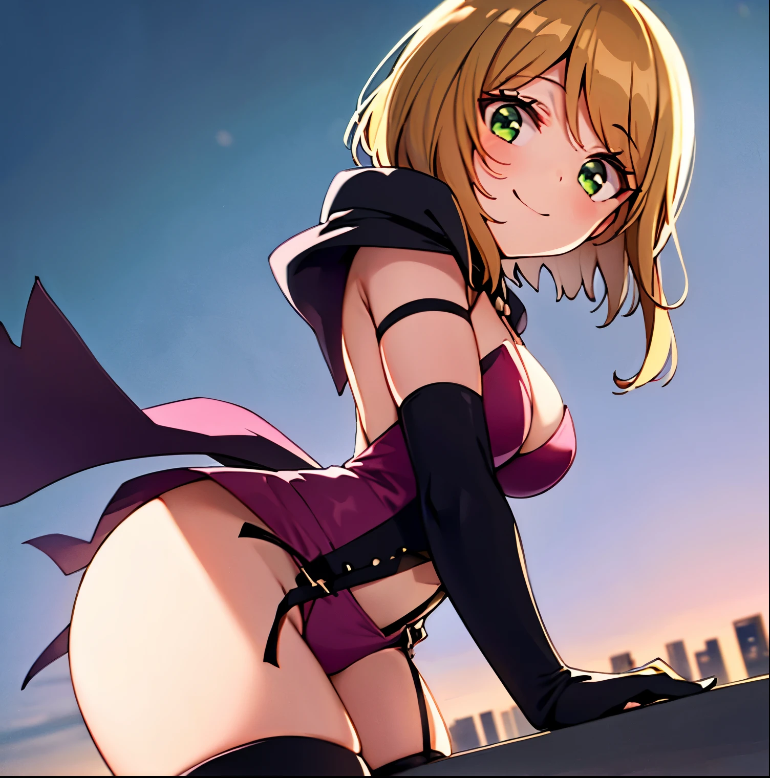 1 girl, alone, desumi magahara, short hair, blonde hair, green eyes, black gloves, pink outfit with black details, cleavage, large breasts, medium waist, wide hips, medium thighs, round butt, cape, boned decorations, up to the elbow gloves, thigh high stockings, thigh high boots, black boots, black suspenders, choker with skull detail, pink leotard with black details, black cape, outdoors, cityscape, leaning, smile, alone, dutch angle, looking to the viewer, from behind, pov (from below), antonia perfection, perfect hands, cowboy shot,