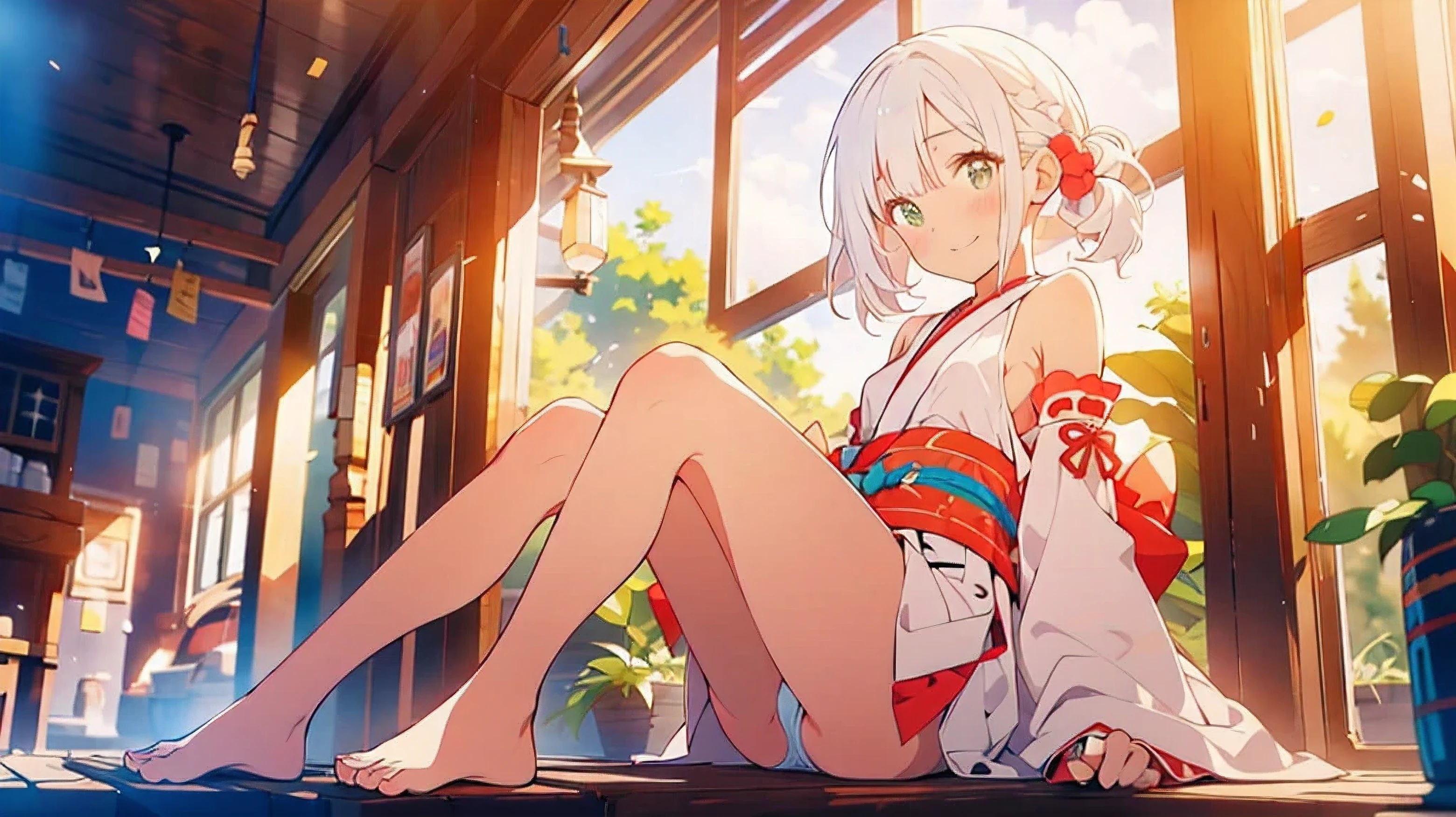 masterpiece, best quality, (((color trace))),looking at viewer,((short stature))
1girl, solo, open eyes,smile, sitting, ((( white hair ))),black panty,green eyes,grim eyes, pigtail, blush, shortcut hair, small breasts, bare shoulders,day,Shrine eaves,kimono,Miko costume,