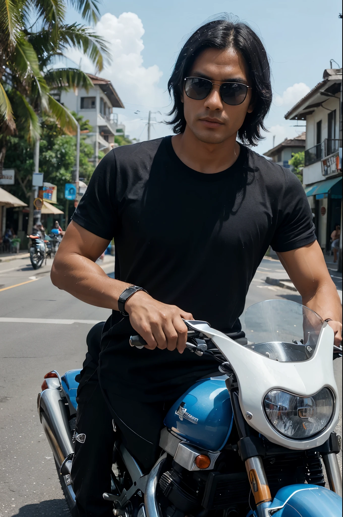man with black hair, blue tshirt, in bali, indonesia, on motorcycle, in street, traffic, orange strap watch, thin white sunglasses, hyper realistic, detailed skin, high resolution, extra details, quality uhd, tanned skin, sharp jawline, detailed face, photo realistic, high budget , two arms, five fingers