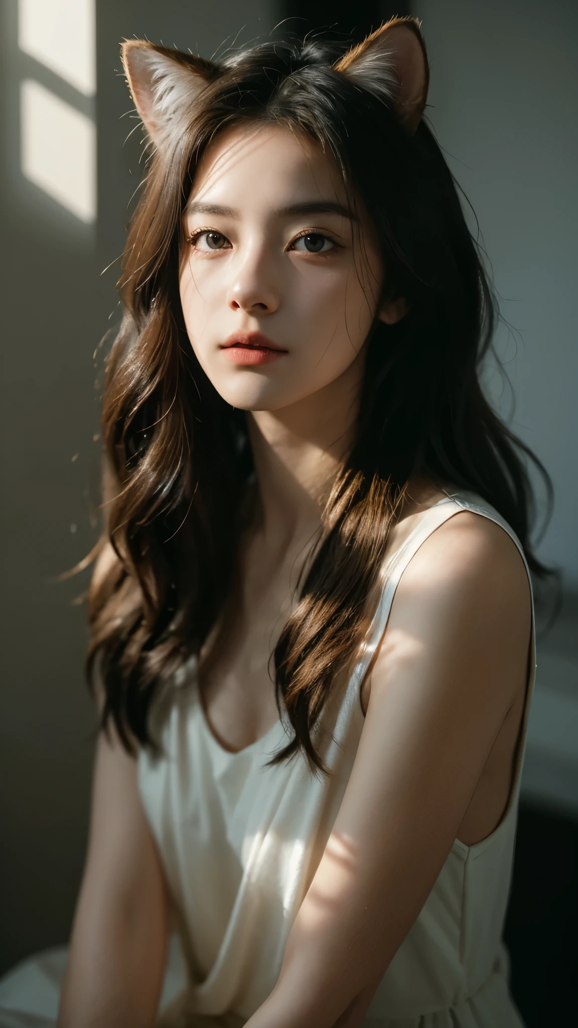 Best quality,masterpiece,Ultra-high resolution,RAW photos, Cat ears,cute,In the light,deep shadow,Low profile,Cold Light,sexy look,Long hair,((best quality: 1.5)) ((masterpiece: 0.8)), Intricate details, Clear focus, professional, real life, Real facial expression, Dynamic poses, ((([Oversized breasts:0.8])))),