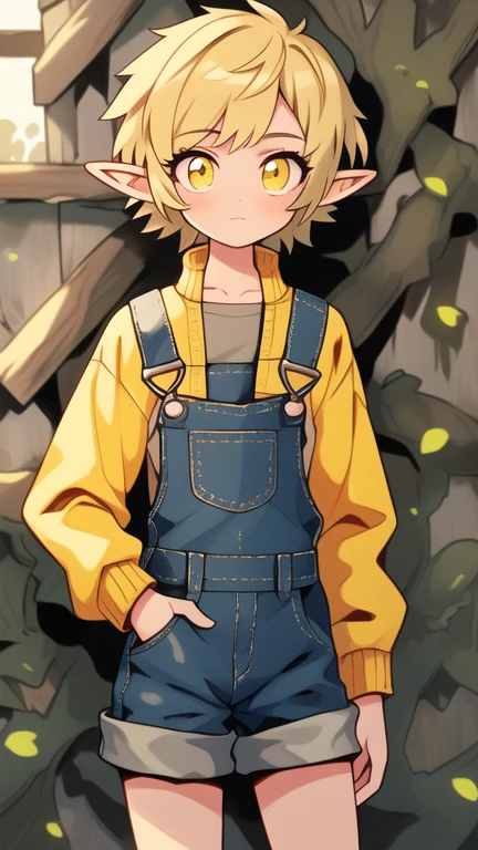 Best quality, Super detailed illustration, Warm colors, Ideal lighting, perfect detail, elf boy, Elven ears, Femboy, short hair, dirty hair, yellow eyes, overalls with a jacket underneath, gloved, flat chest, Bright eyes, whole body, against the backdrop of an old barn