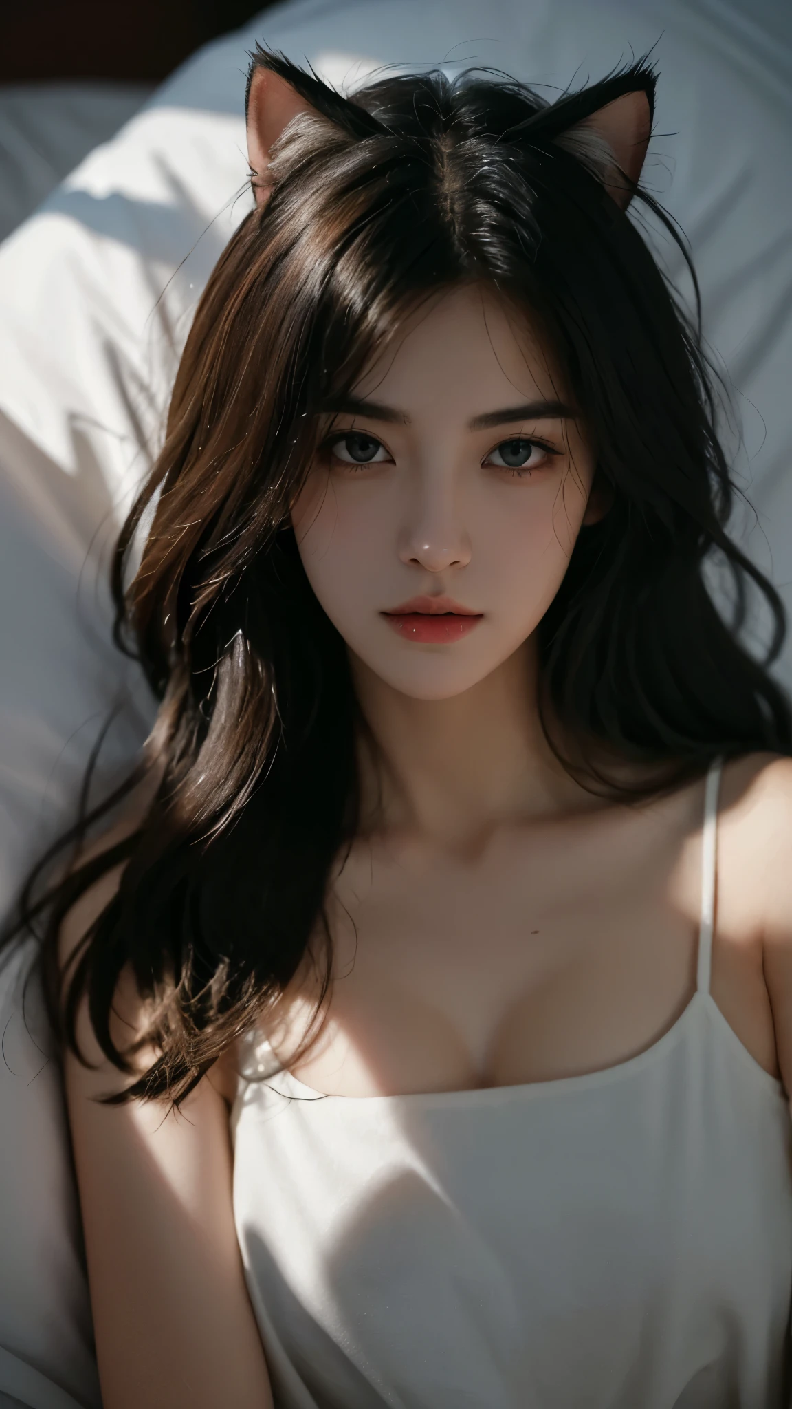 Best quality,masterpiece,Ultra-high resolution,RAW photos, Cat ears,cute,In the light,deep shadow,Low profile,Cold Light,sexy look,Long hair,((best quality: 1.5)) ((masterpiece: 0.8)), Intricate details, Clear focus, professional, real life, Real facial expression, Dynamic poses, ((([Large breasts:0.8])))),Lying on the bed