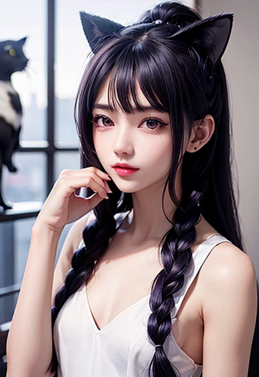 masterpiece, Top quality, high resolution, Super Detail, Plane lighting, 1 girl, 15 year old girl, viewfinder, Medium-length hair, Black Purple Hair, Straight Hair, black purple cat ears, Small white ear velvet, shiny hair, black eyes, Black purple fashion, The End, tiny braids,ponytail