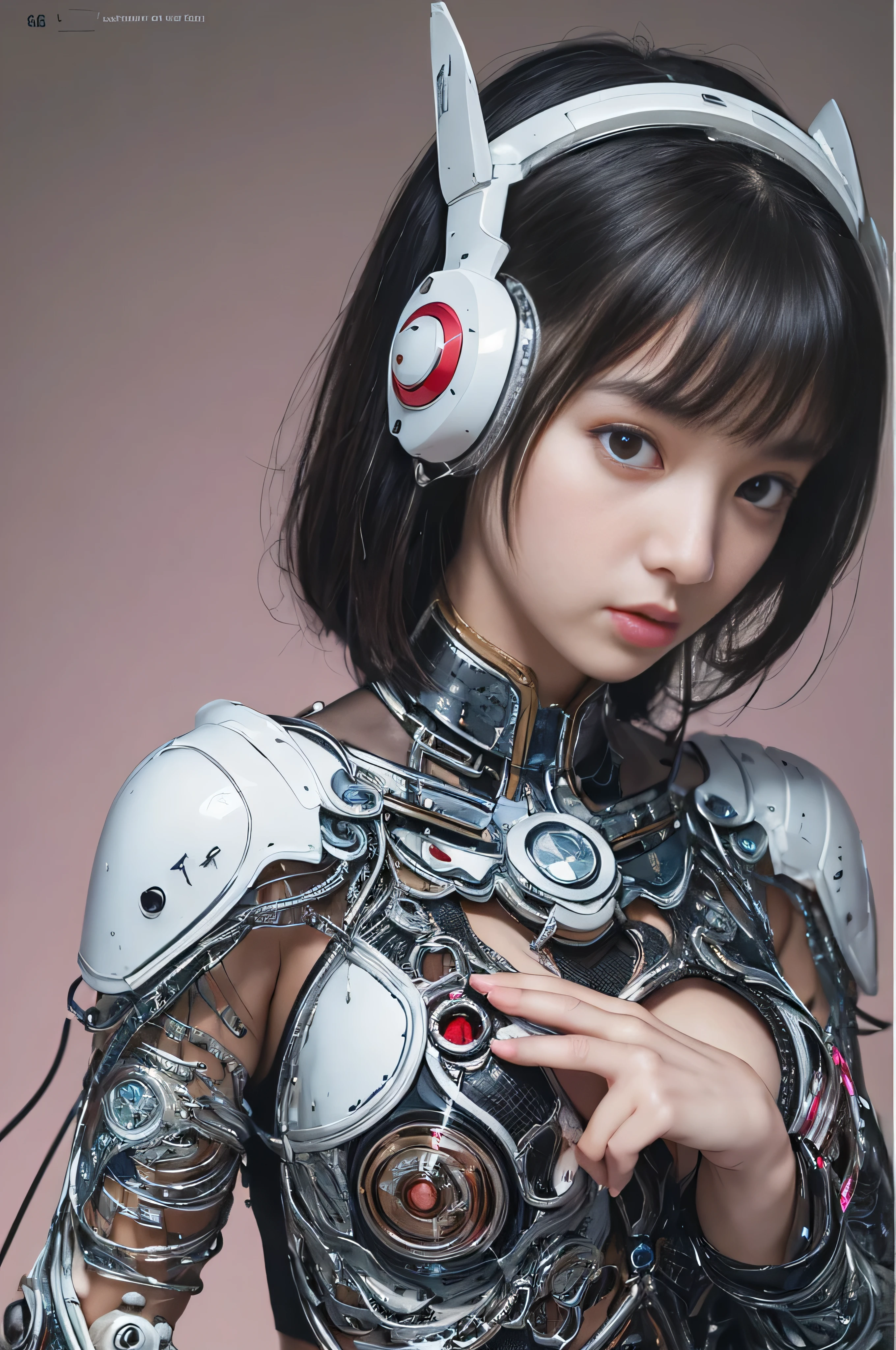 (RAW quality:1.4), highest quality, masterpiece, Ultra-high resolution, (Realistic: 1.4), RAW Photos, Mechanized girl 1 person, Japanese, , Black Hair, Glowing Skin, 1. Mechanical Girl, (Ultra-Realistic Details)), Portraiture, Global Illumination, Shadow, Octane Rendering, 8k, Ultra Sharp, Huge Bust, Underboo Boo, Bare skin exposed from cleavage, Metal, Intricate decorative details, Very intricate detail, Realistic Light, CGSoation Trend, Purple eyes, Glowing Eyes, To the camera, Neon Details, Mechanical Limbs, Blood vessels connected to tubes, Mechanical vertebrae attached to the back, Mechanical cervical attachment to the neck, Sitting, Wires and cables connected to the head, Gundam, Small LED Lamp, Cowboy Shot,