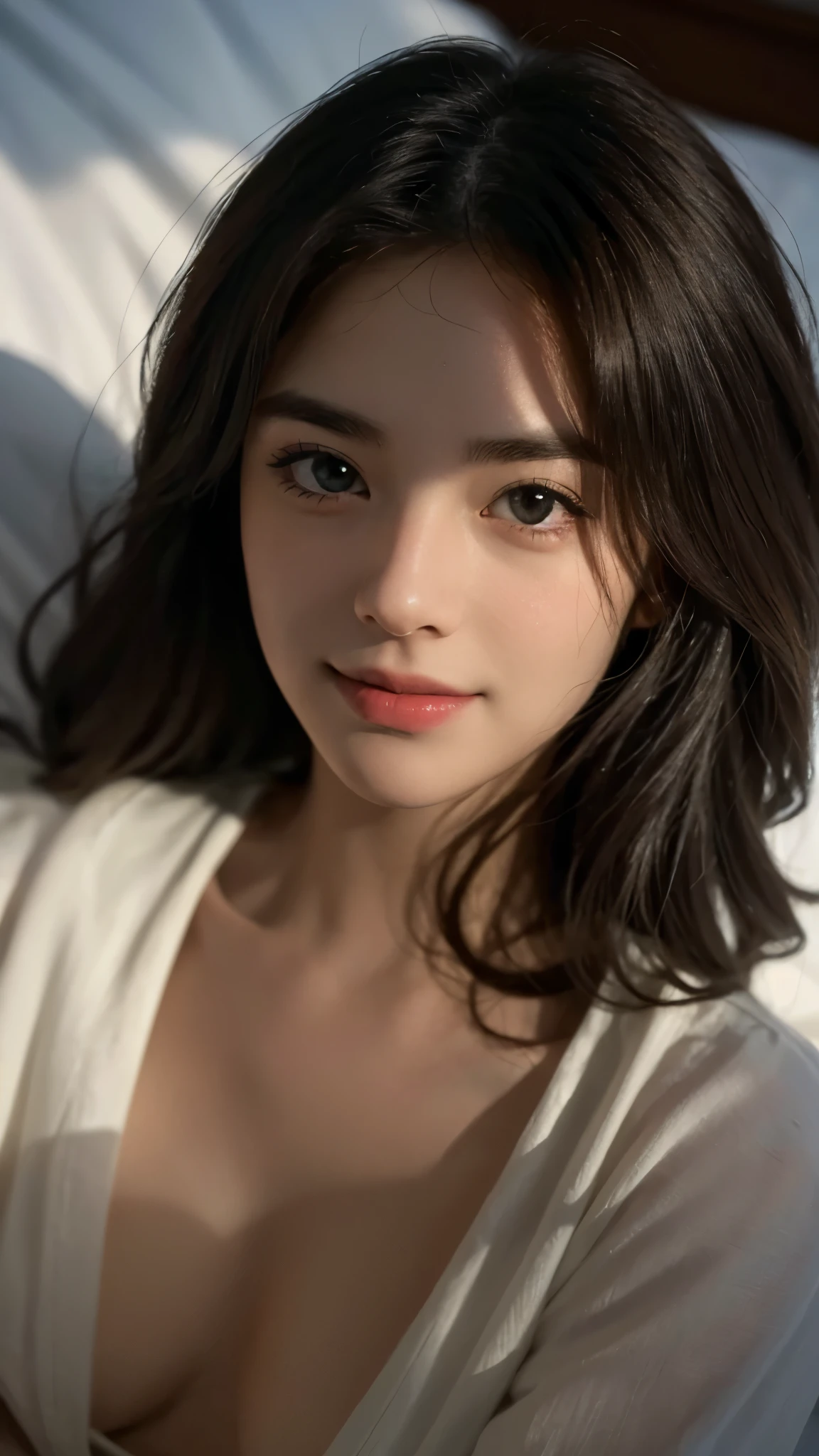 Best quality,masterpiece,Ultra-high resolution,RAW photos, Cat ears,cute,In the light,deep shadow,Low profile,Cold Light,sexy look,Long hair,((best quality: 1.5)) ((masterpiece: 0.8)), Intricate details, Clear focus, professional, real life, Real facial expression, Dynamic poses, ((([Large breasts:0.8])))),Lying on the bed,Charming smile,frivolous,charming,enchanting,Enchantress,,