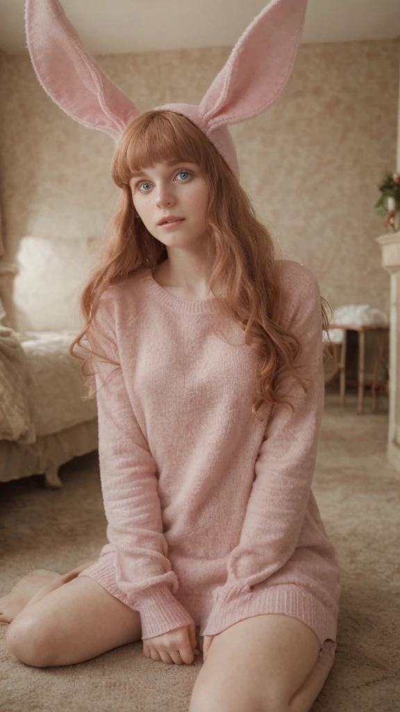 19 year old girl (Irish), (swiss), (Czech),  pale skin, long curled strawberry blonde hair with fountain bangs, beauty, beautiful girl, thin, skinny, wearing a dark green T-shirt dress, (pink: Fleece-Lined Knit Beaniewith bunny ears), cute makeup, in the floor in an avant garde room, vintage film, 
