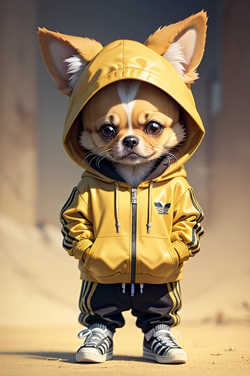 Anime of dogs wearing yellow hoodies from adidas 、Cute、adidas sneakers（Body hair is light and black 、Details of the appearance of the chihuahua）