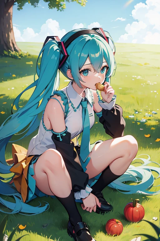 Hatsune Miku picking up and eating acorns