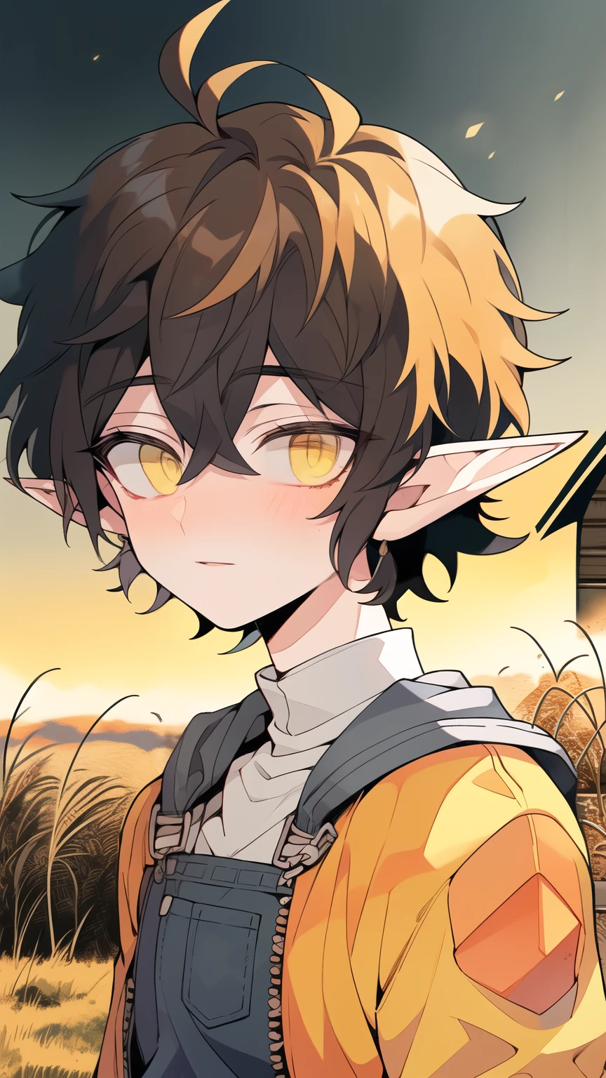 Best quality, Super detailed illustration, Warm colors, Ideal lighting, perfect detail, elf boy, Elven ears, Femboy,  short hair, dirty hair, yellow eyes, overalls with a jacket underneath, gloved, flat chest, Bright eyes, whole body, against the backdrop of an old barn